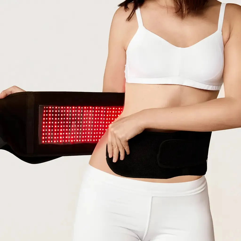 Home red light therapy scene: wrap belt and mat vibe