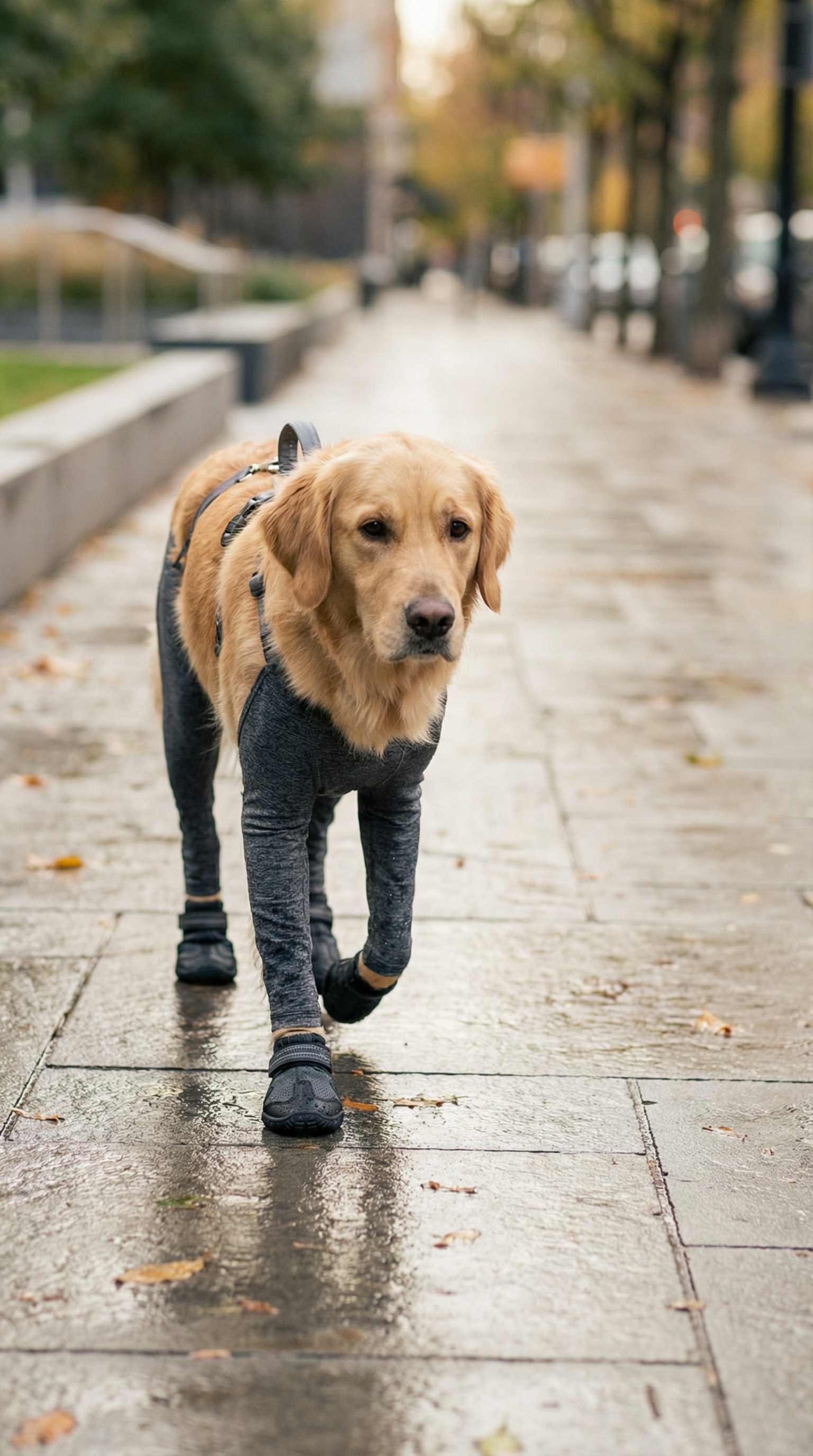 Dog wearing connected boot leggings outdoors on a walk