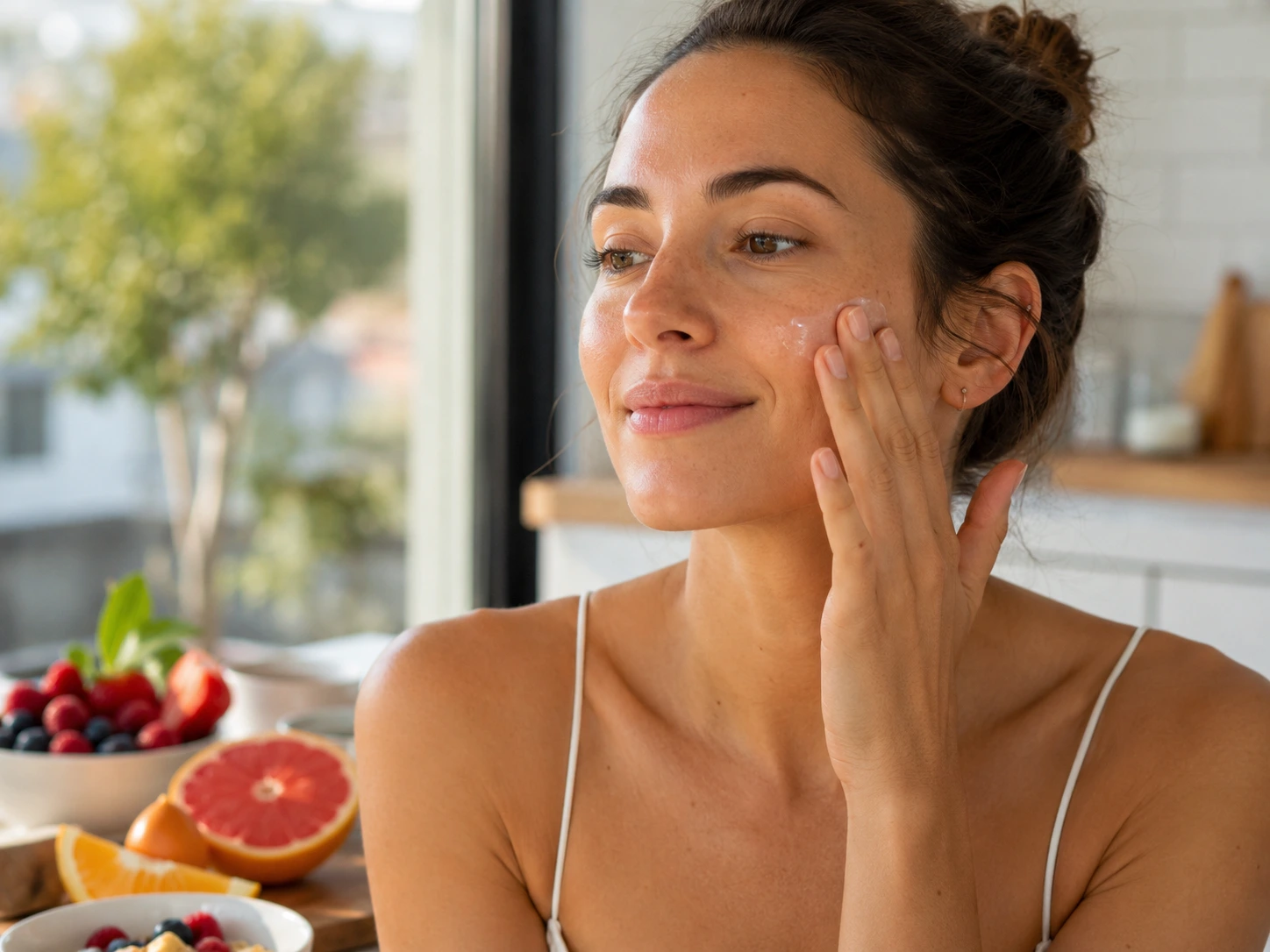 Close-up lifestyle image of a woman applying skincare beside a collagen-friendly breakfast with citrus fruit, berries, and protein.
