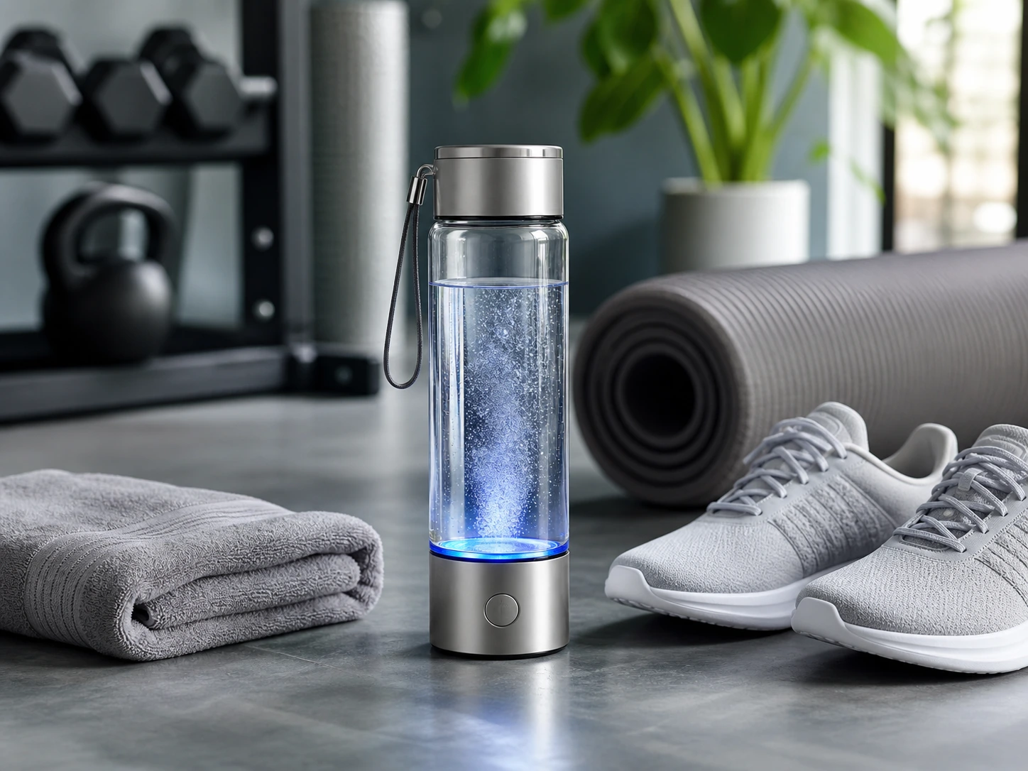 Modern gym essentials with glowing water bottle
