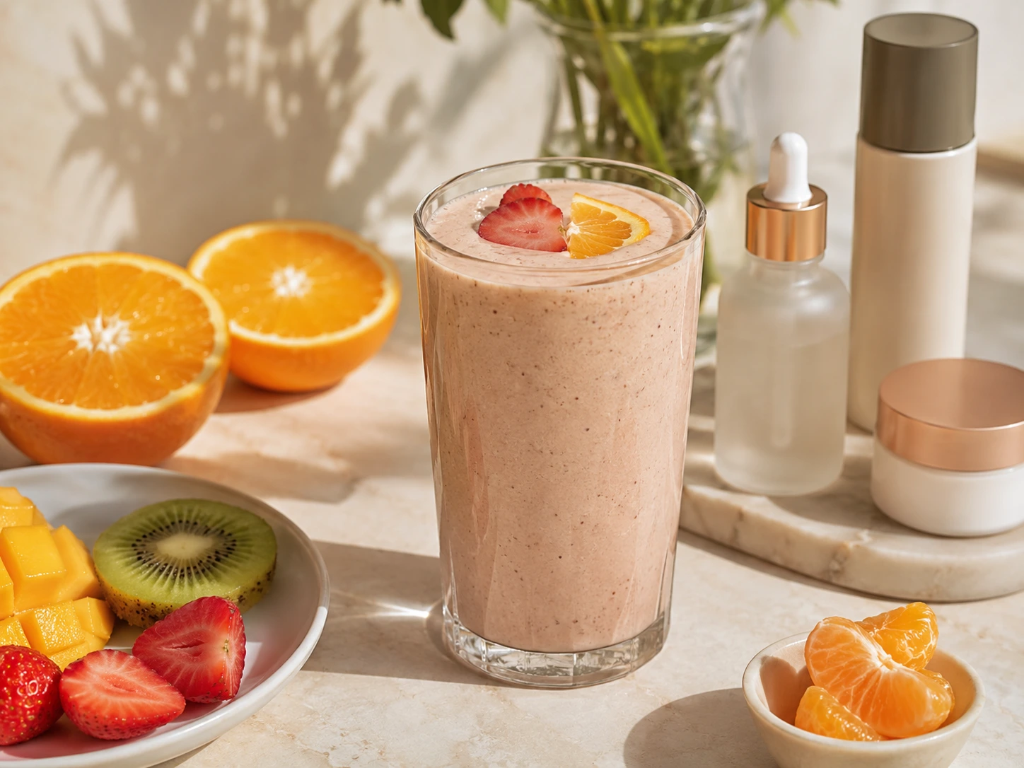 close-up wellness image showing collagen powder mixed into a smoothie beside skincare products and vitamin C-rich fruit.