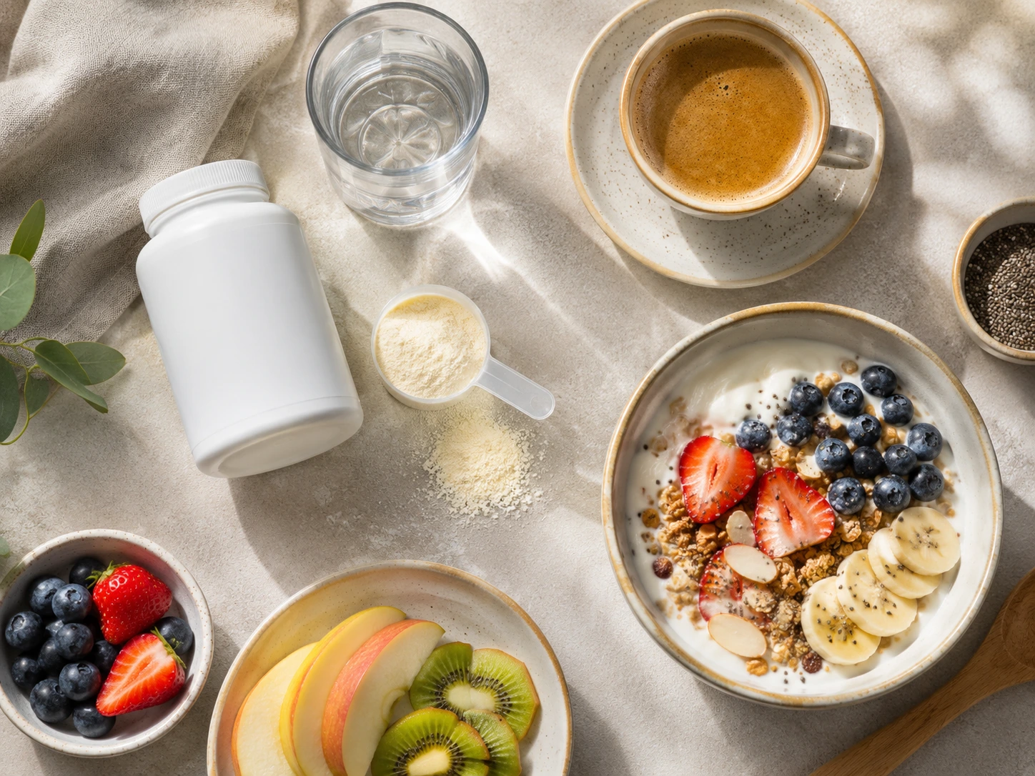 flatlay showing collagen powder scoop, capsule bottle, glass of water, coffee cup, and wellness breakfast.