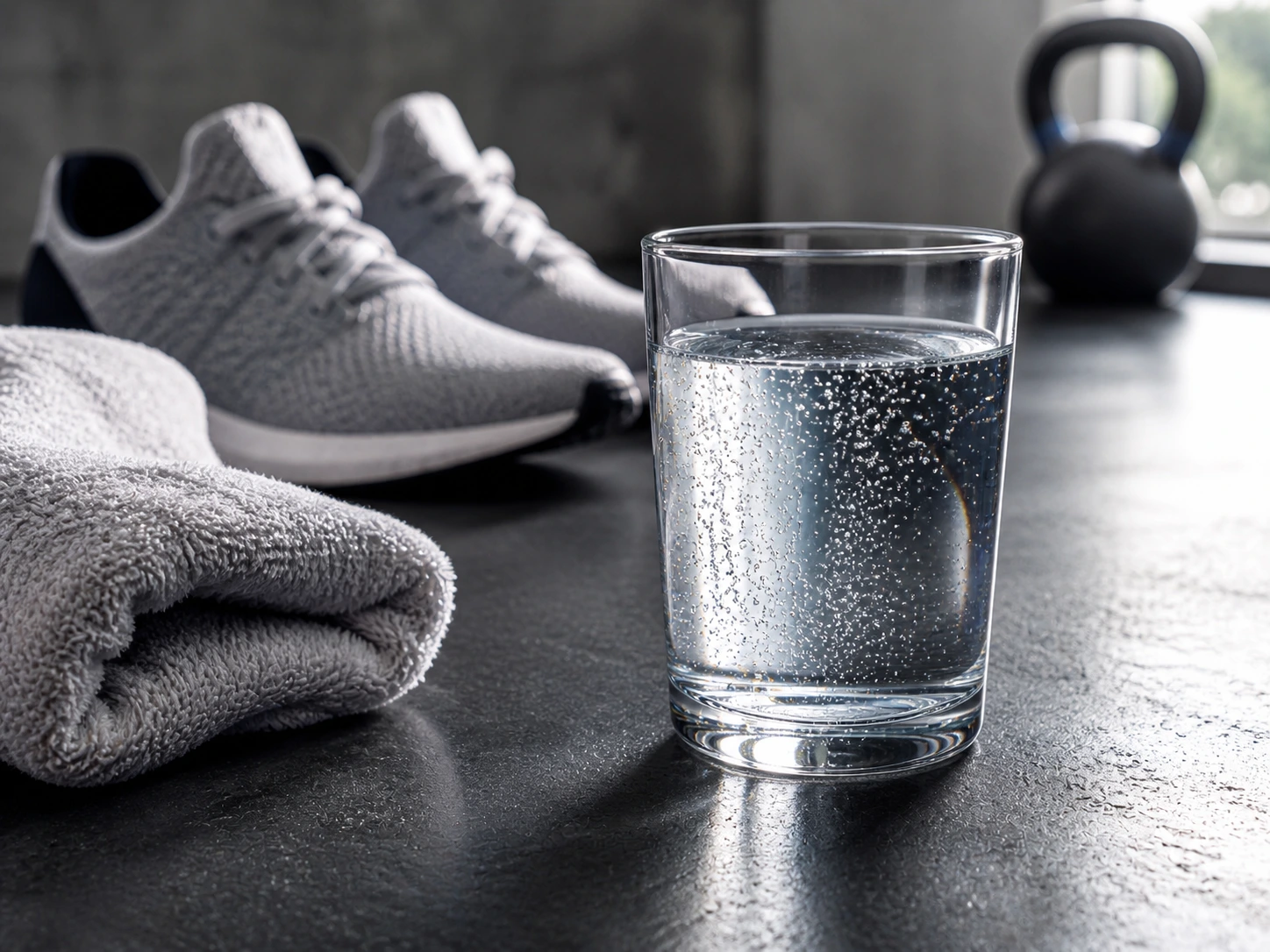 hydrogen water used after a workout beside a towel and sneakers.