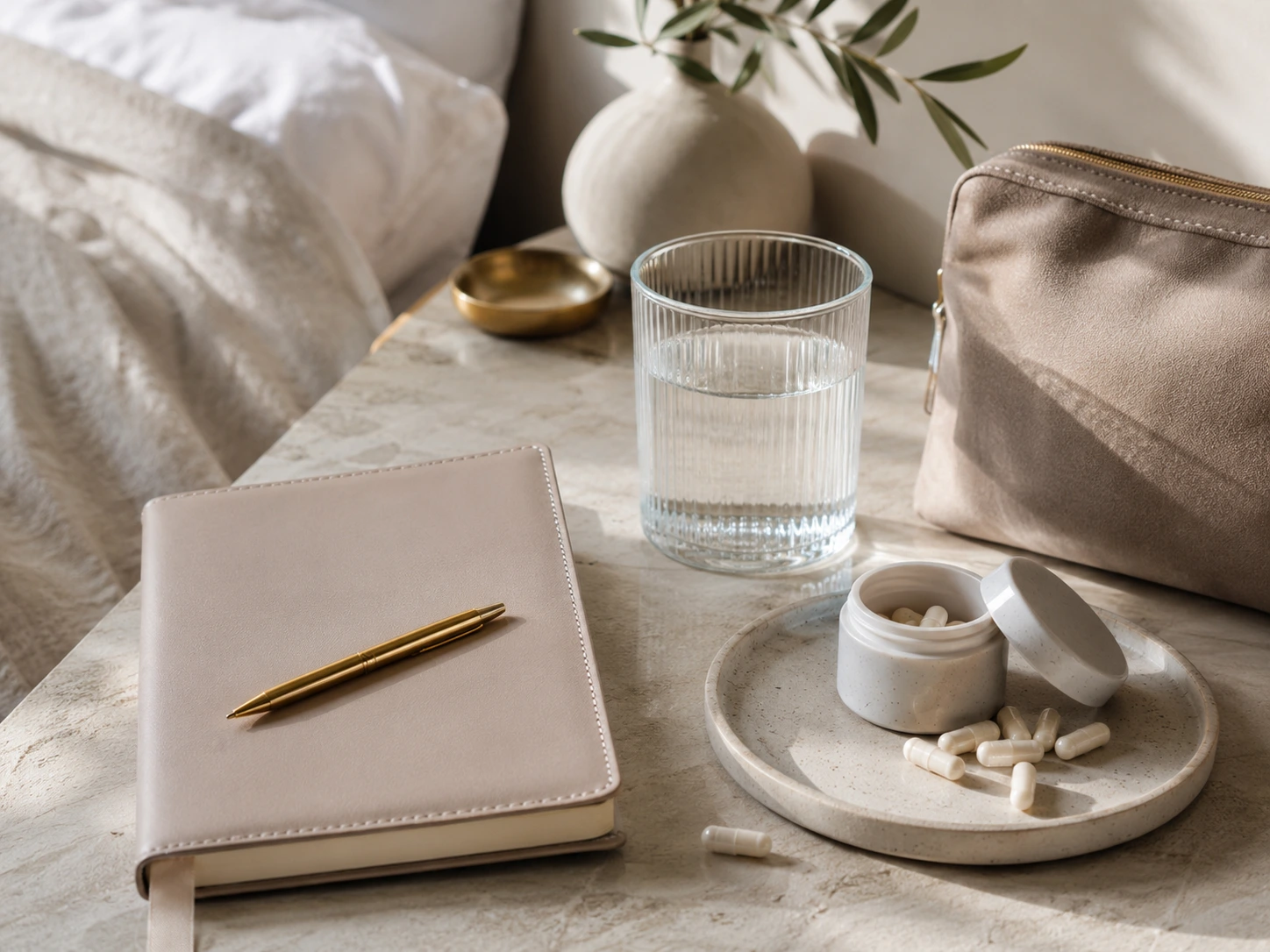 lifestyle image showing collagen capsules beside a water glass, travel pouch, journal, and morning wellness setup.