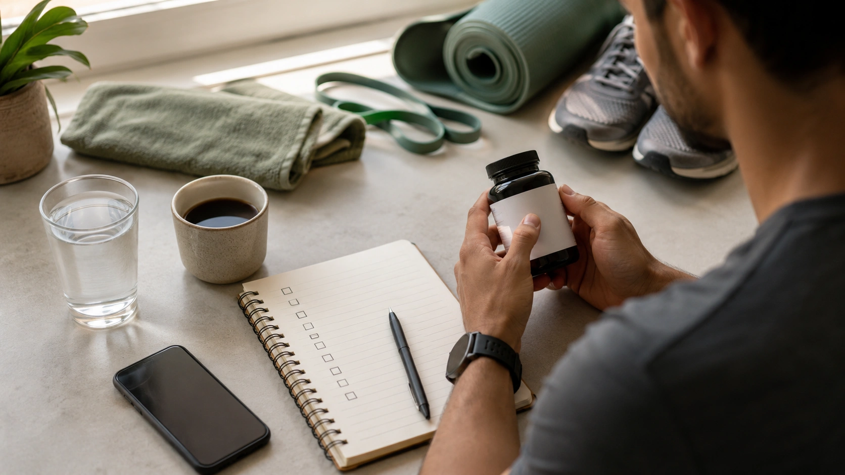 Safety checklist visual for caffeine, supplement labels, medication concerns, and professional help before pre-workout use