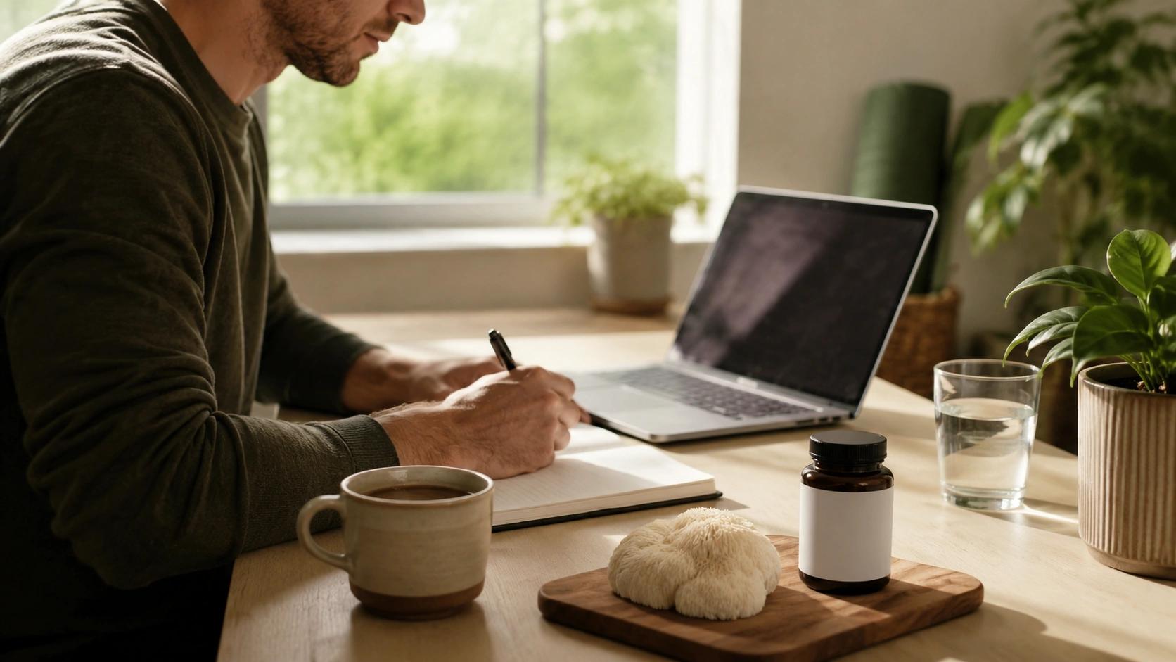 Adult preparing lion’s mane mushroom supplement with tea, notebook, laptop, and workout gear nearby