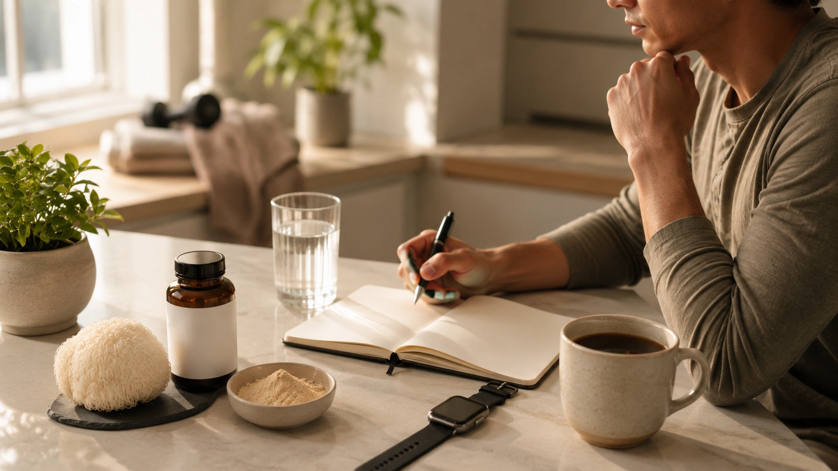 Athletic adult comparing lion’s mane mushroom supplement, coffee, water, and notebook before work or exercise