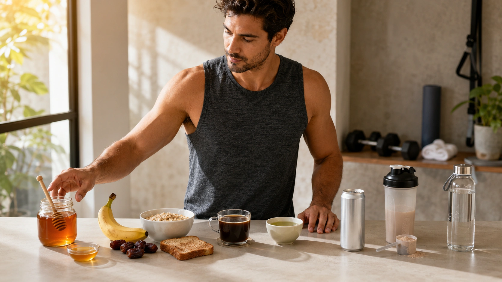 Athletic adult comparing raw honey, banana, coffee, energy drink, and pre-workout powder before training