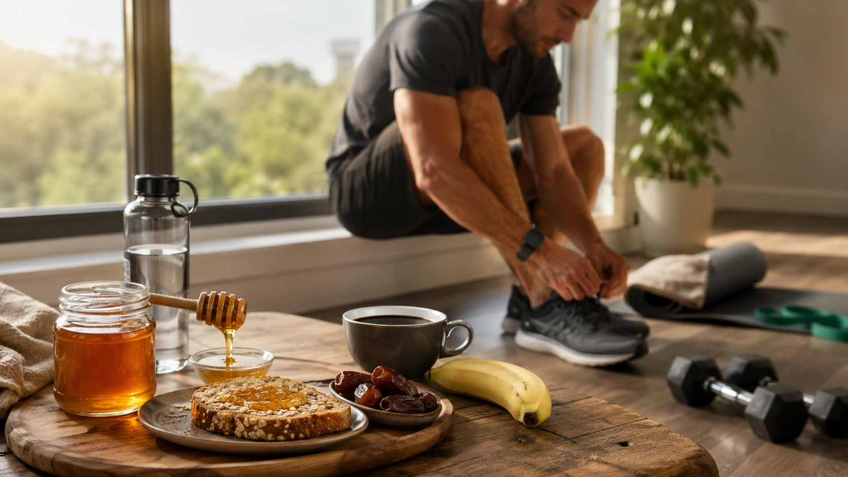 Athletic adult tying running shoes near raw honey, water, oats, and banana before exercise