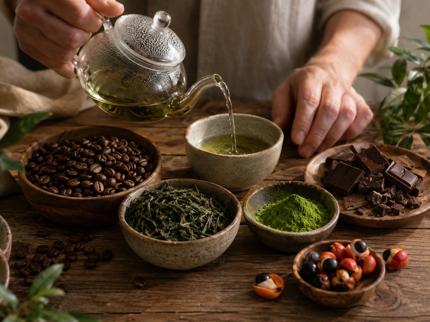 Close-up of coffee beans, loose green tea leaves, yerba mate, and guarana seeds arranged near an adult's hands preparing a warm drink