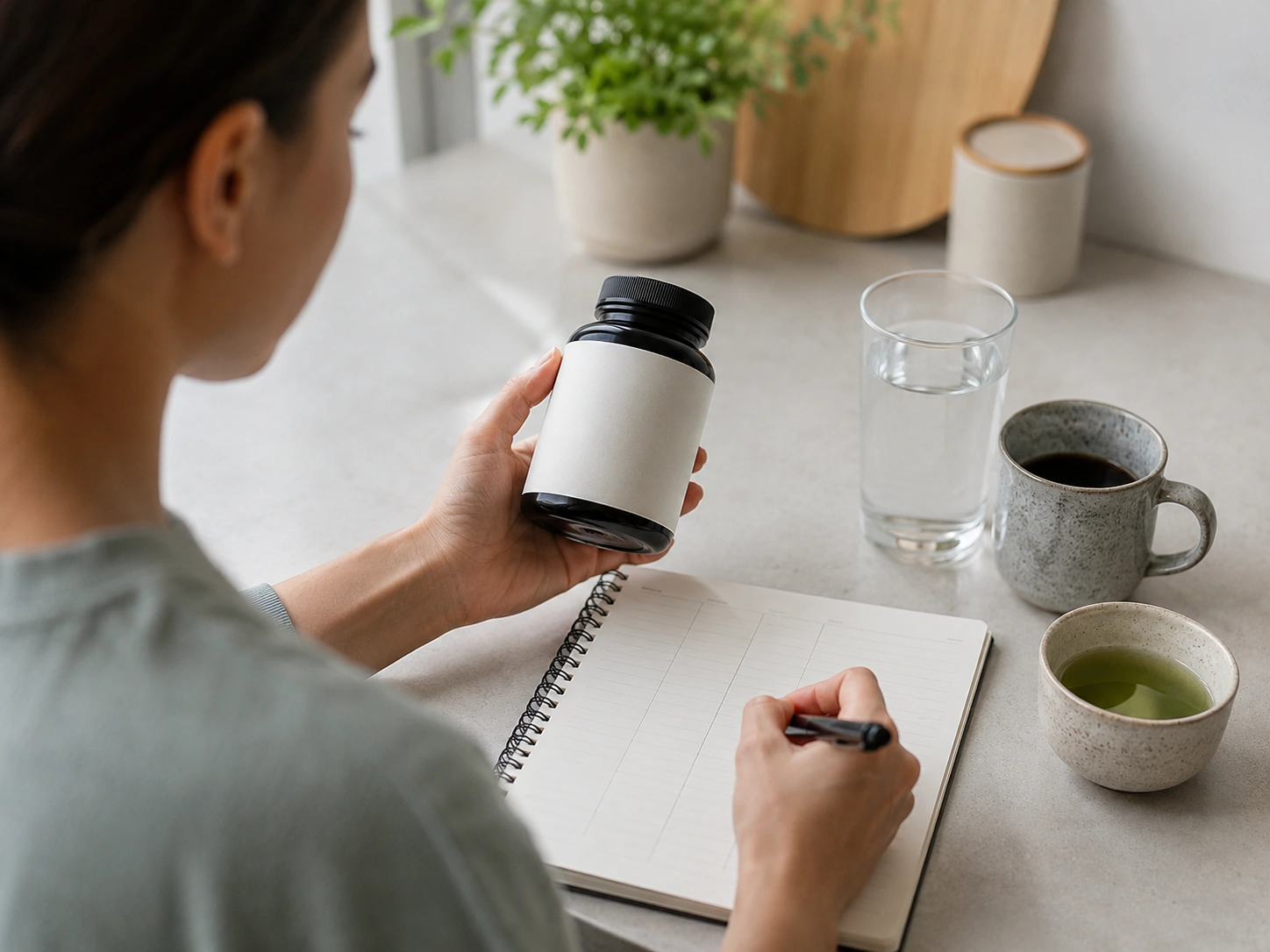 Adult holding a blank-label energy supplement bottle and writing the caffeine amount in a notebook next to a glass of water