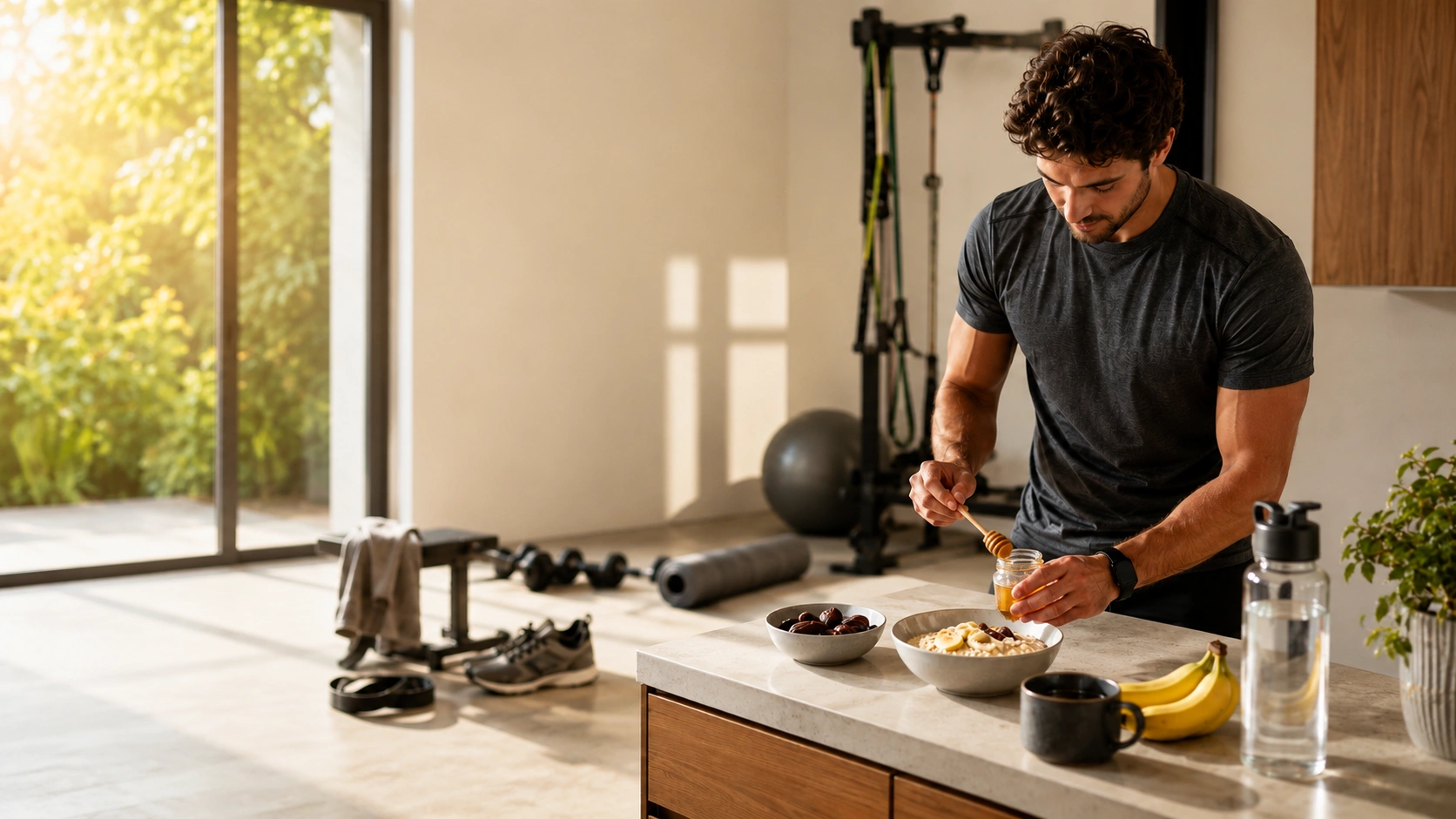 Natural pre-workout foods, coffee, water bottle, and gym gear on a clean table