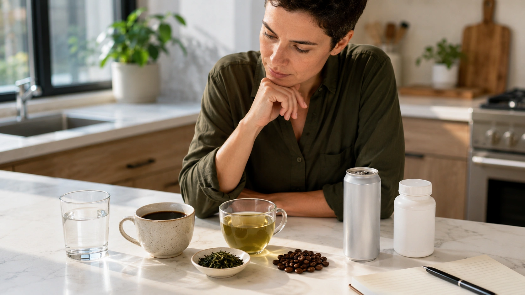 Adult at a clean kitchen counter comparing a cup of coffee, green tea, an energy drink, and a blank-label supplement bottle with a notebook and glass of water