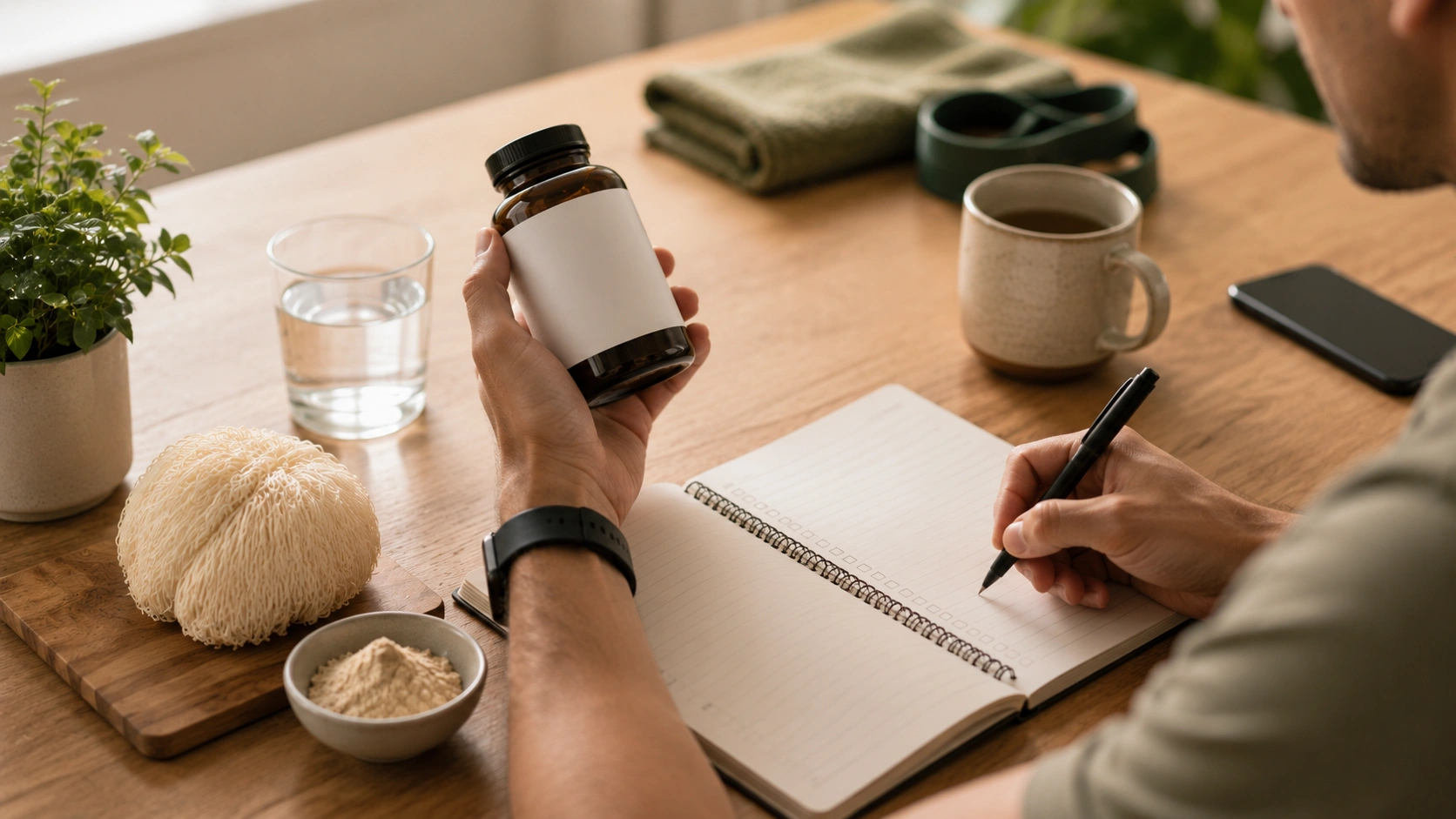 Person checking a lion’s mane supplement label with notebook, water, and workout gear nearby