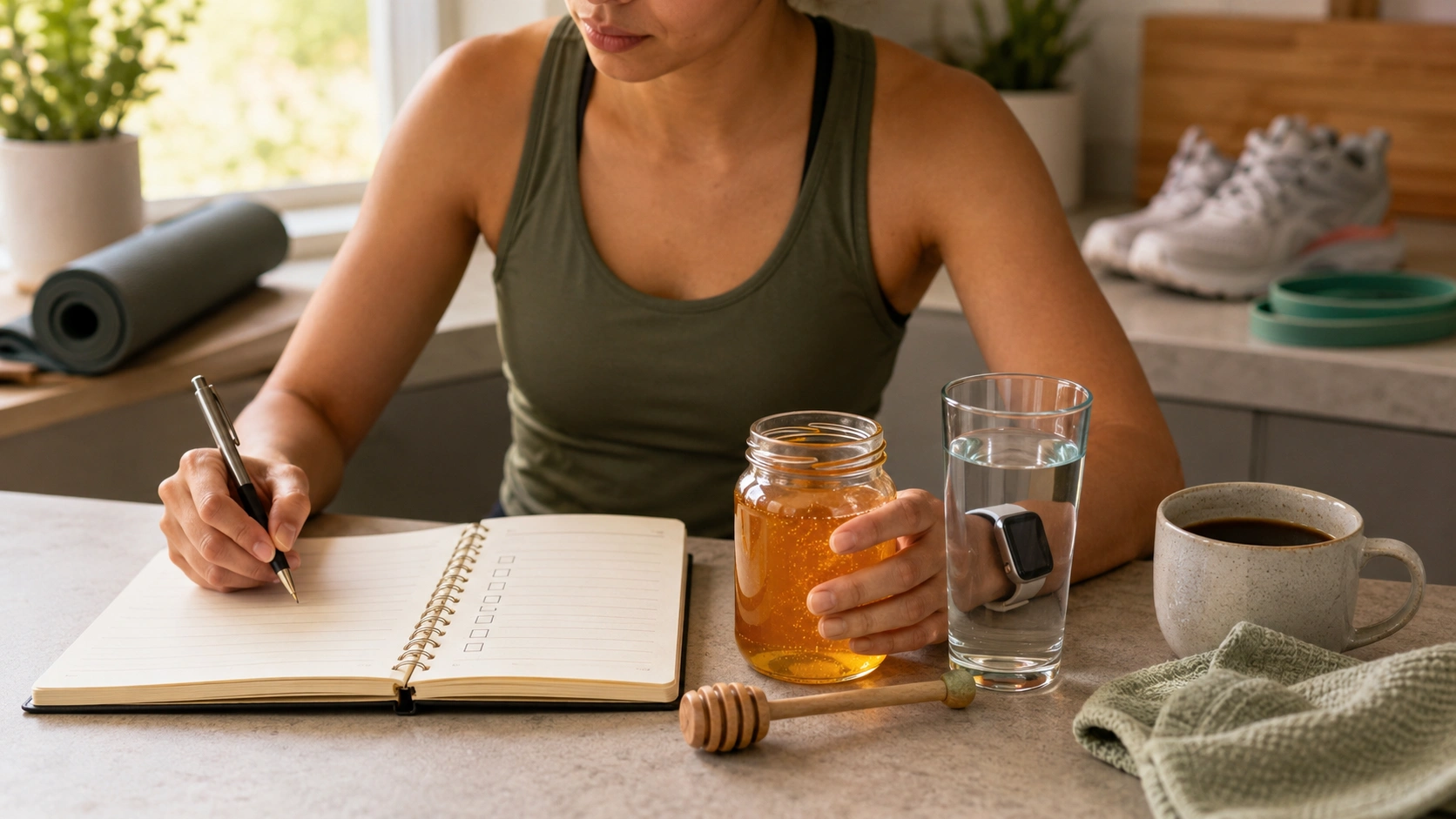 Person checking a raw honey safety checklist with water, honey jar, smartwatch, and workout gear nearby
