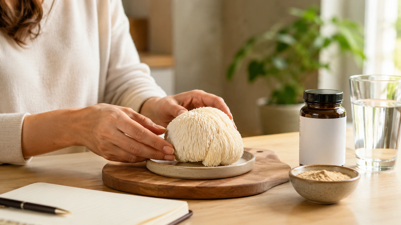 Person holding fresh lion’s mane mushroom near a notebook and supplement label checklist