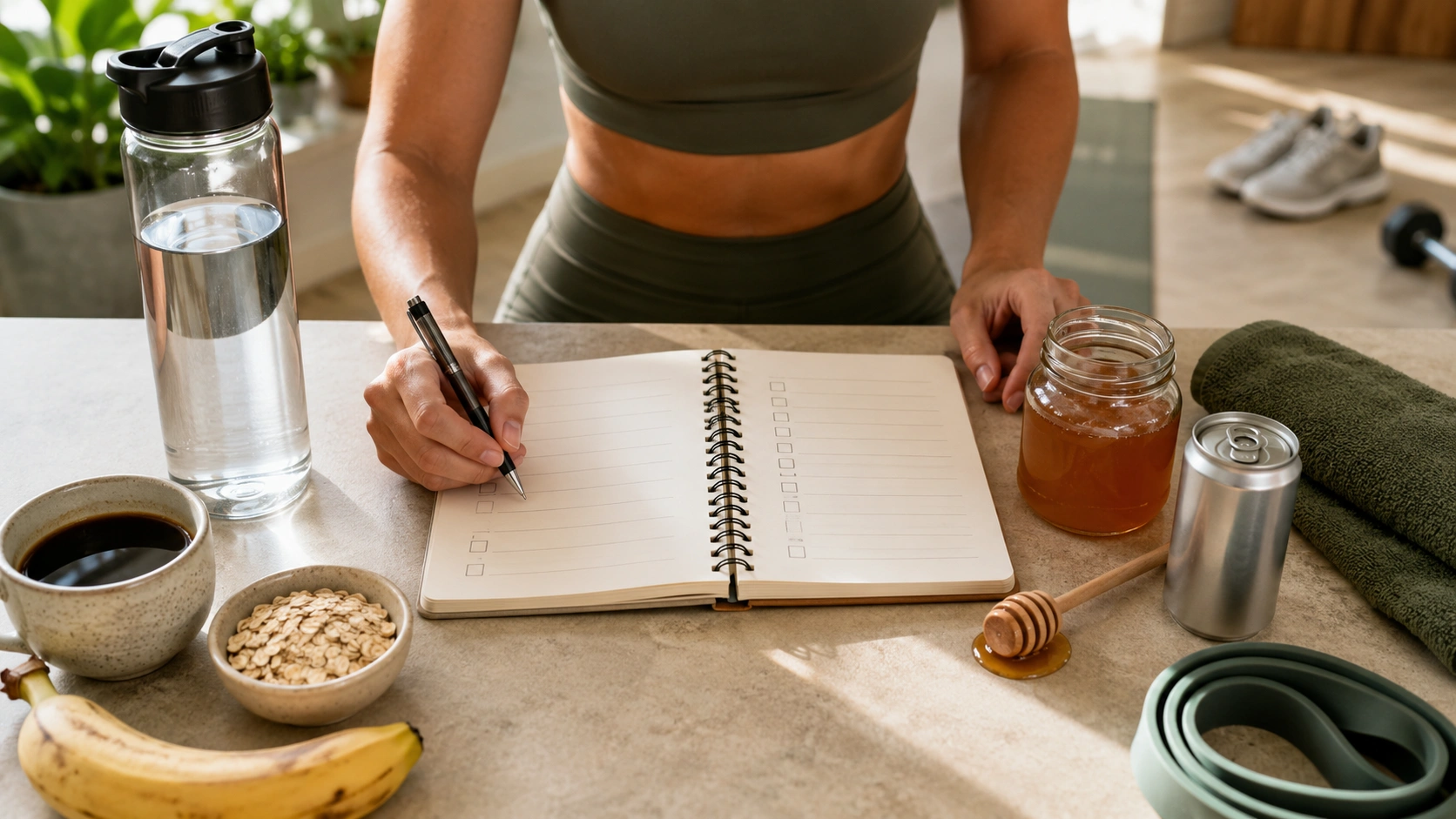 Person reviewing a raw honey workout checklist with water, honey, coffee, and exercise gear nearby