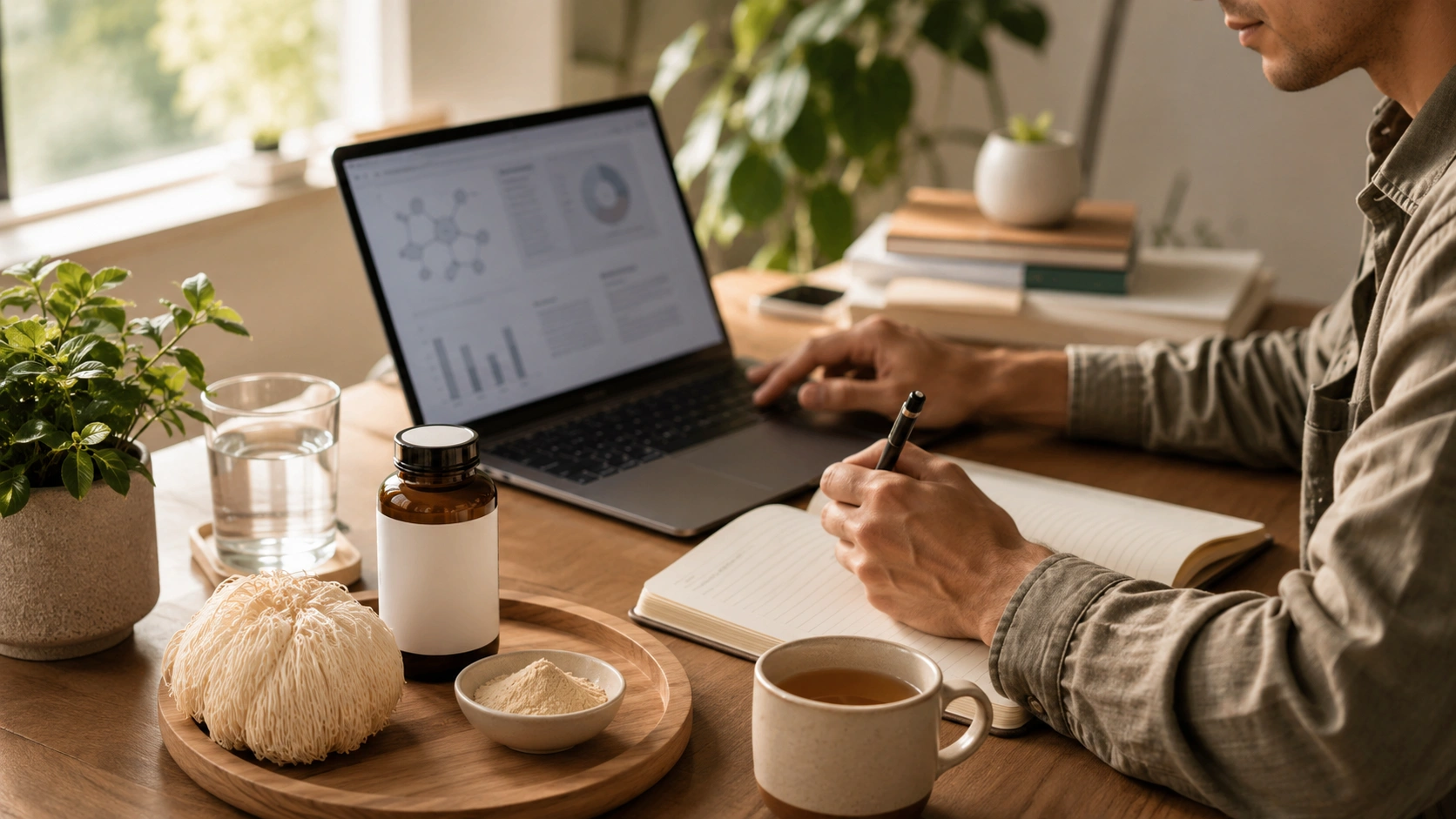 Person reviewing lion’s mane mushroom research on a laptop with mushroom supplement and notebook nearby