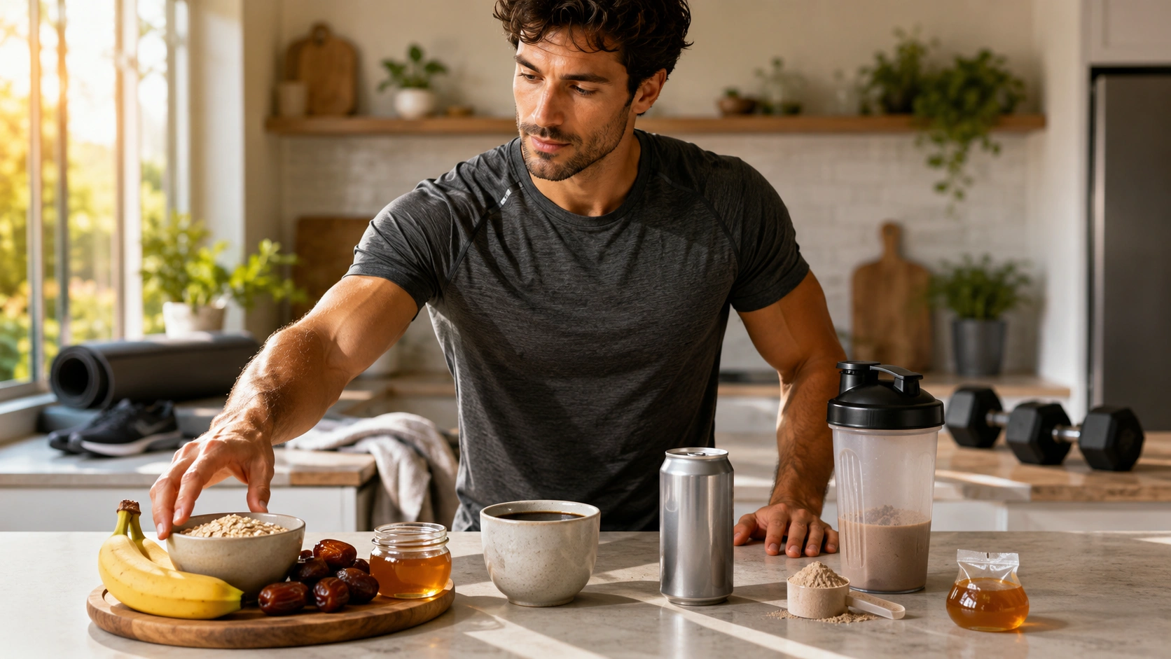 Comparison visual showing whole food pre-workout, coffee, energy drink, supplement powder, and honey-style fuel
