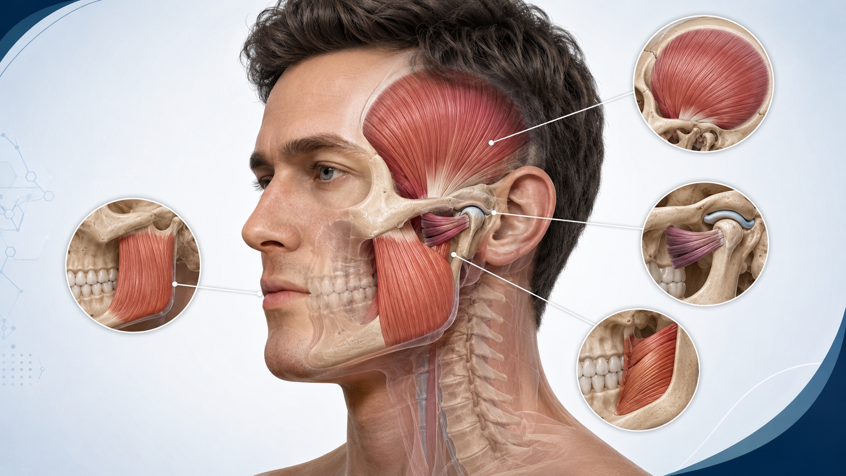 Masseter temporalis and pterygoid muscles surrounding the lower jaw
