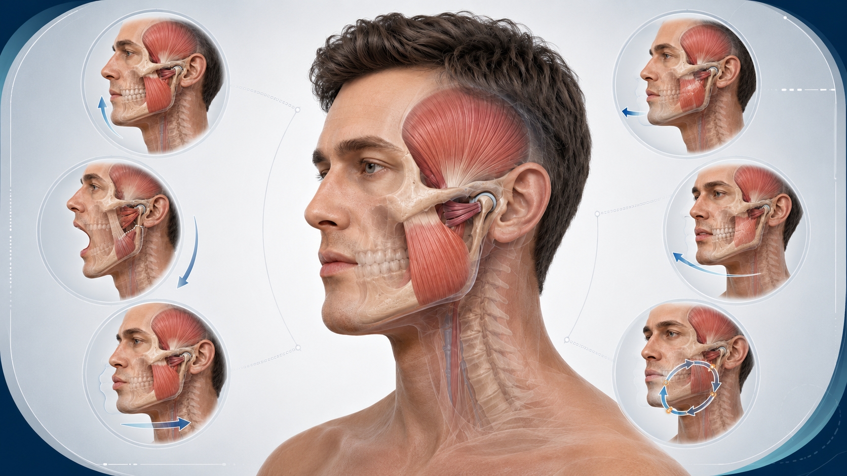 Jaw muscle movements including closing opening forward backward and side-to-side motion