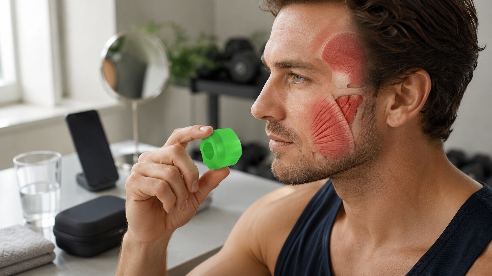 Person carefully holding a Jawzrsize resistance device before beginning jaw exercise