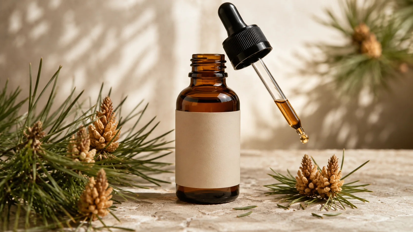 Amber pine pollen extract bottle with glass dropper beside pine cones