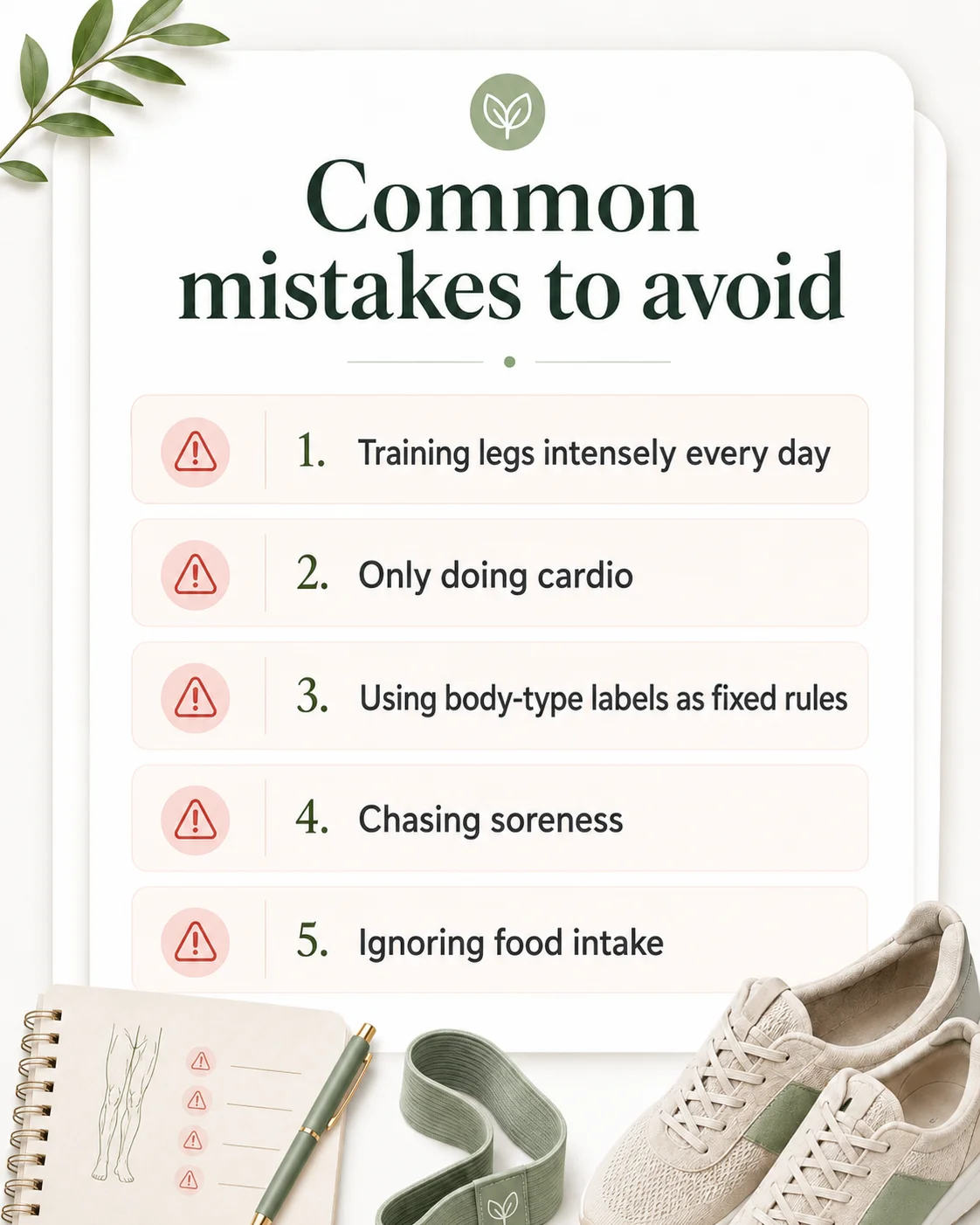 Checklist visual showing common lean leg workout mistakes to avoid