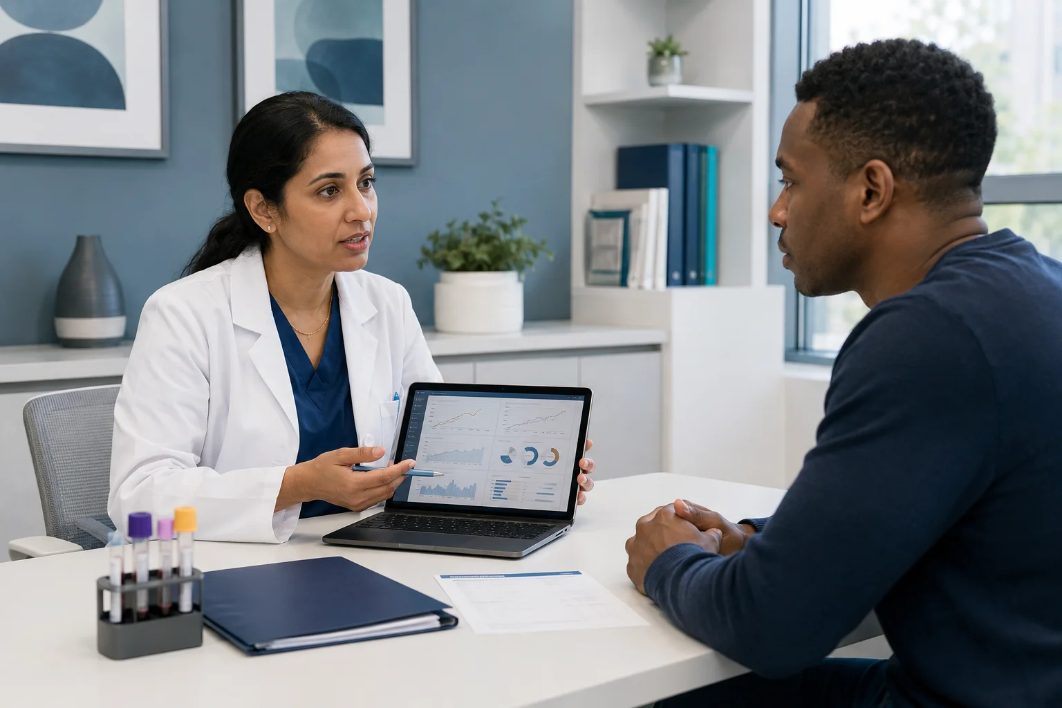 Clinician discussing hormone therapy safety, laboratory monitoring and in-person referral with a patient