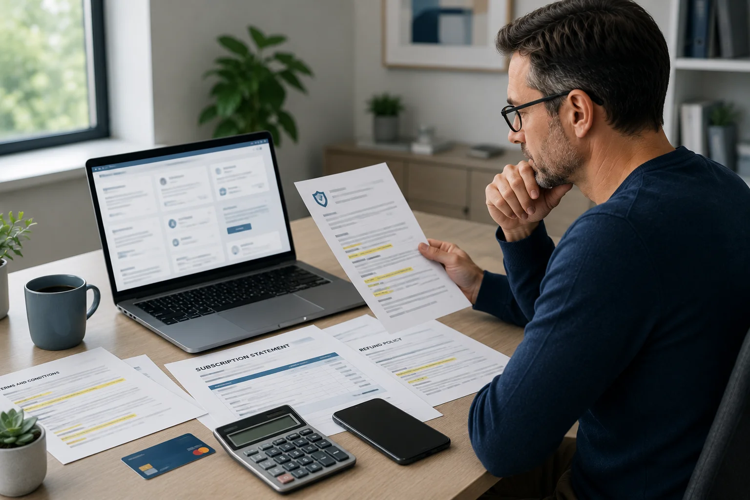 Consumer comparing telehealth reviews, billing terms, refund policies and customer support information