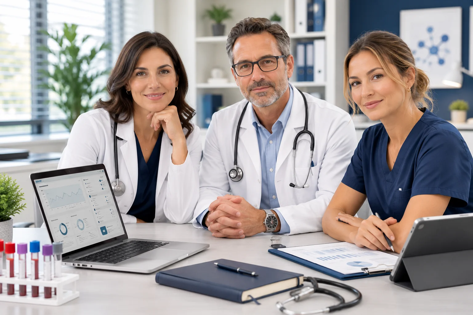 Diverse licensed medical professionals in a modern telehealth clinic representing Joi and Blokes clinical oversight