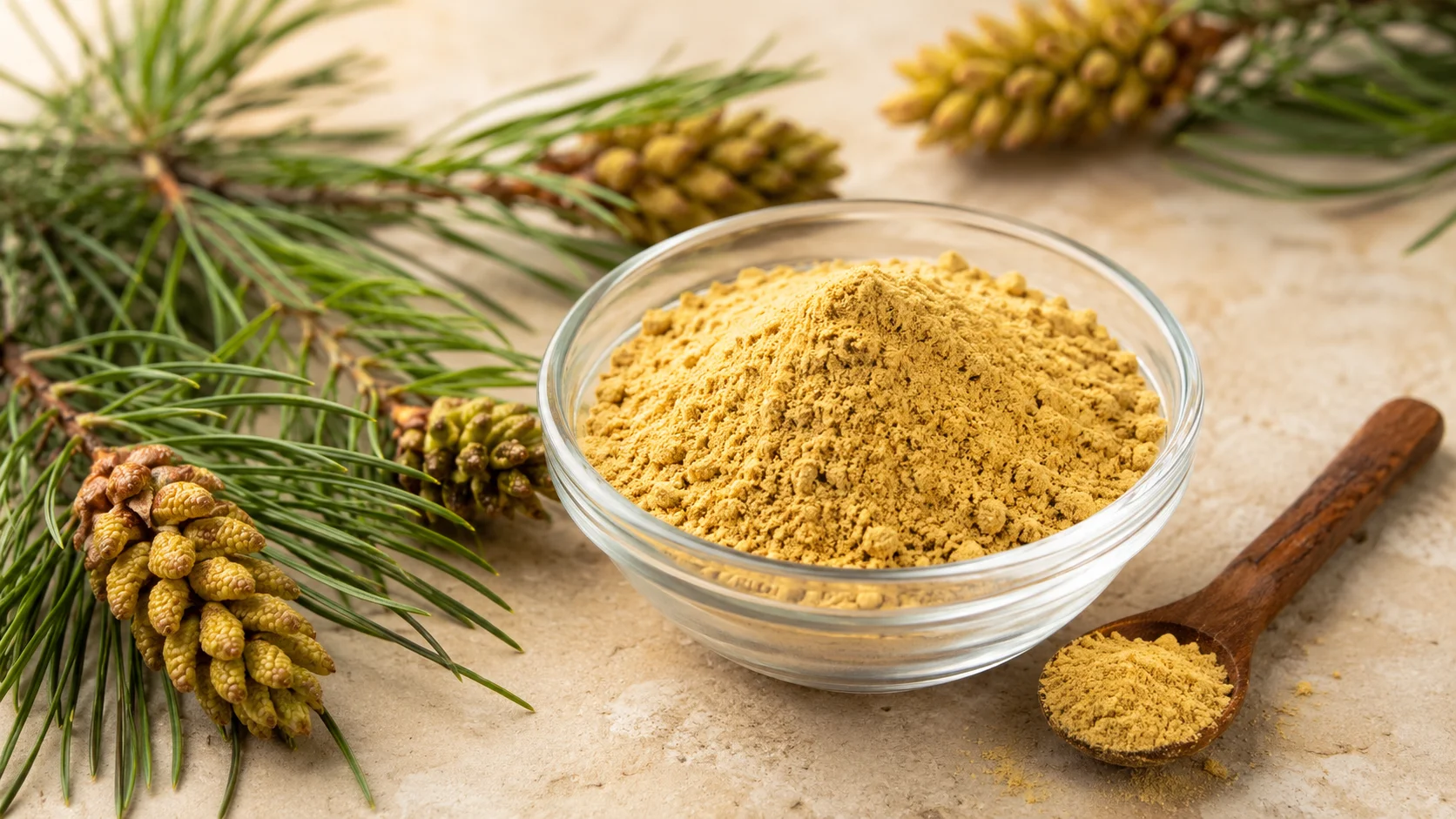 Fine golden pine pollen powder in a clear glass bowl with male pine cones