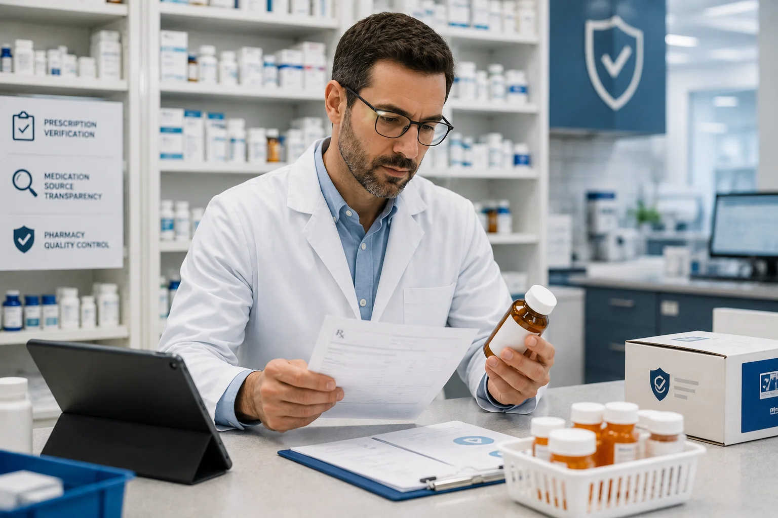 Licensed pharmacist checking a telehealth prescription and compounded medication label in a professional pharmacy