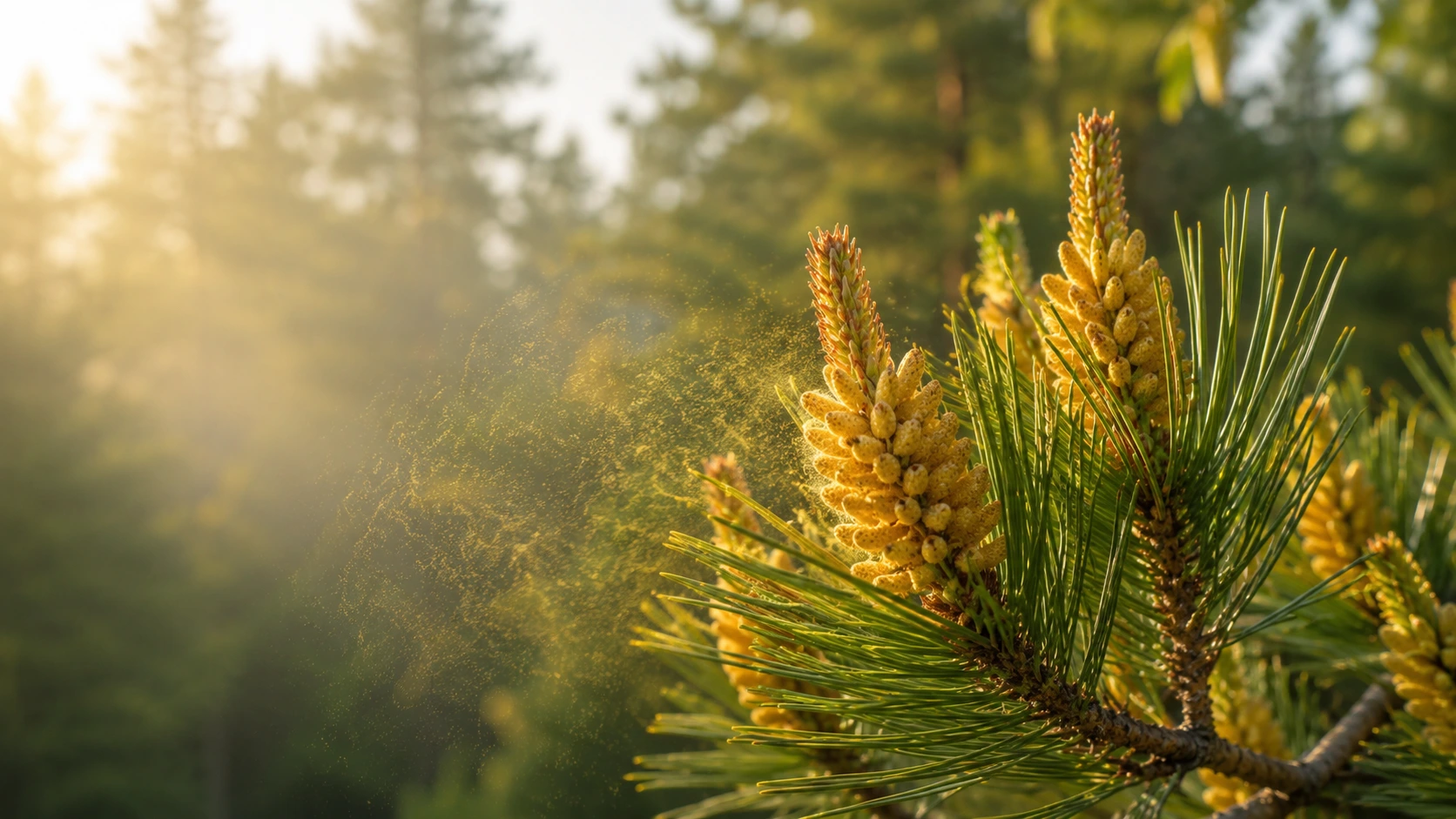 Male pine cones releasing golden yellow pine pollen in a natural evergreen forest