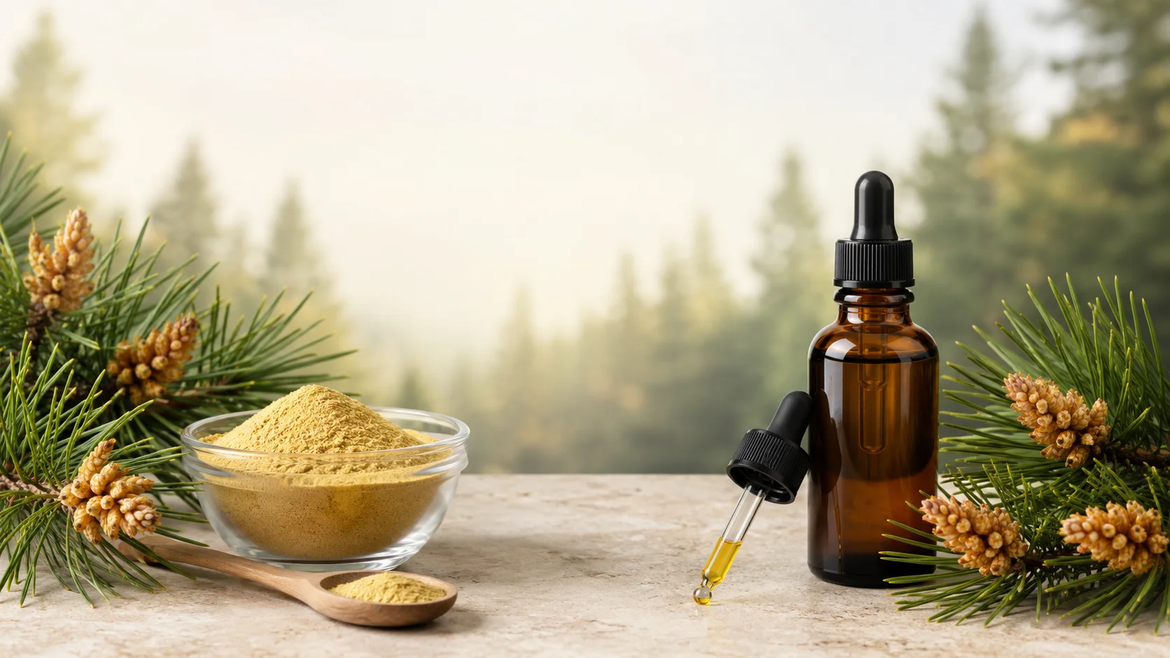 Pine pollen extract in an amber dropper bottle beside golden pine pollen powder