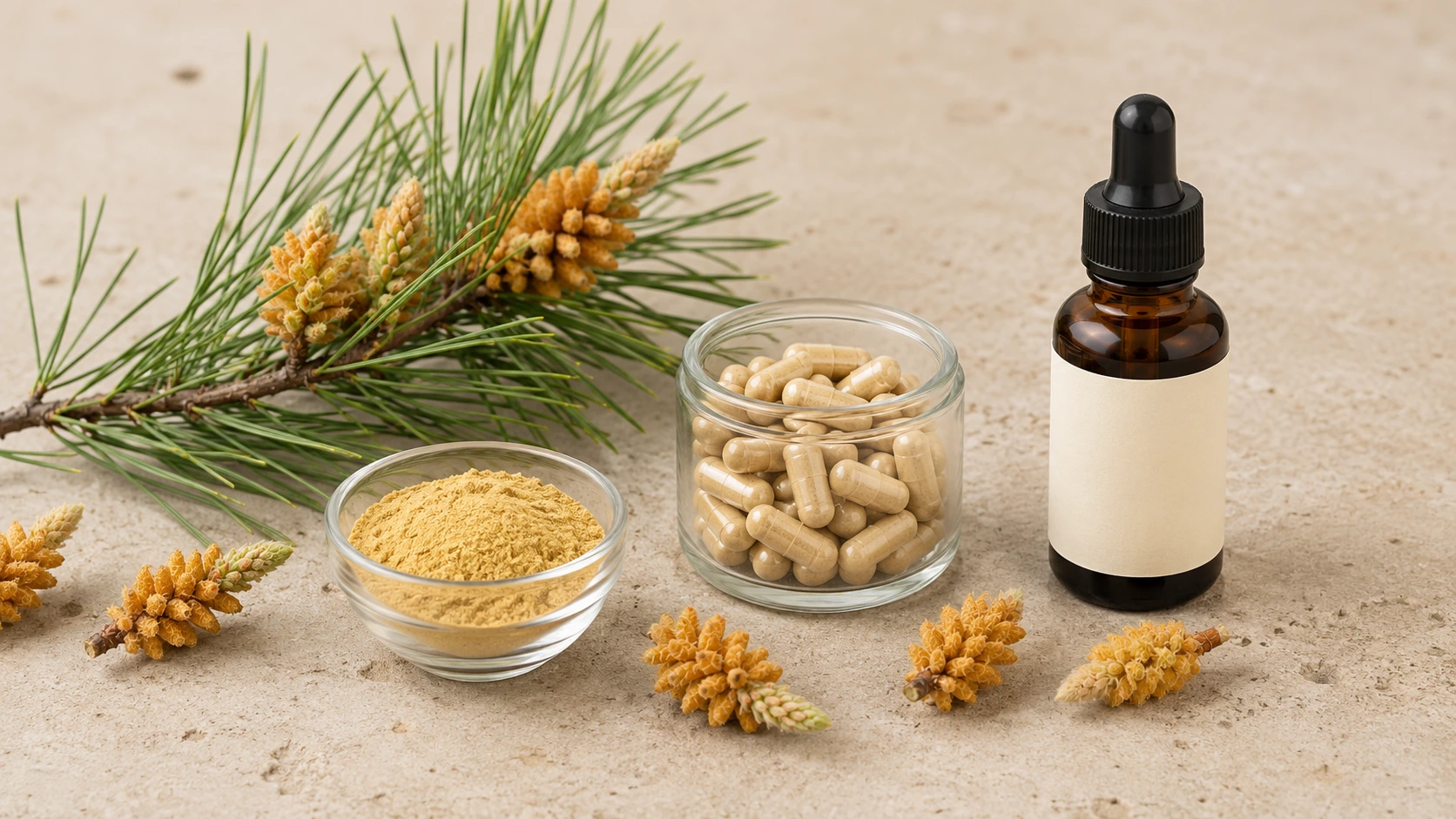 Pine pollen powder, capsules, and an amber tincture bottle displayed together