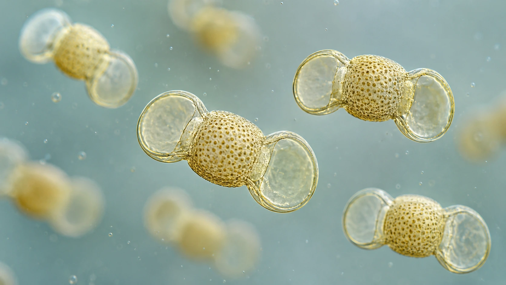 Scientific illustration of pine pollen grains viewed under magnification