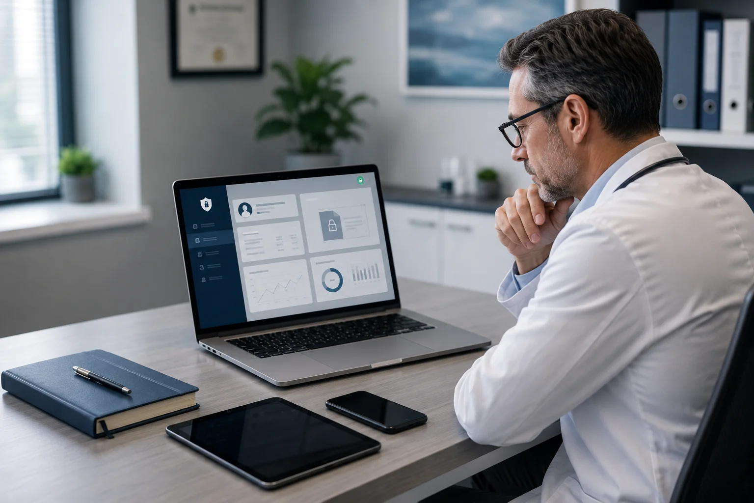 Secure telehealth portal displaying protected health records on a laptop in a private consultation setting