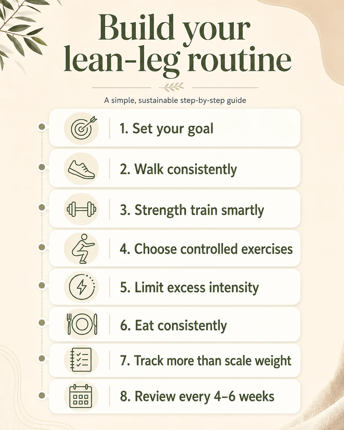 Step-by-step visual showing how to build a weekly lean-leg routine