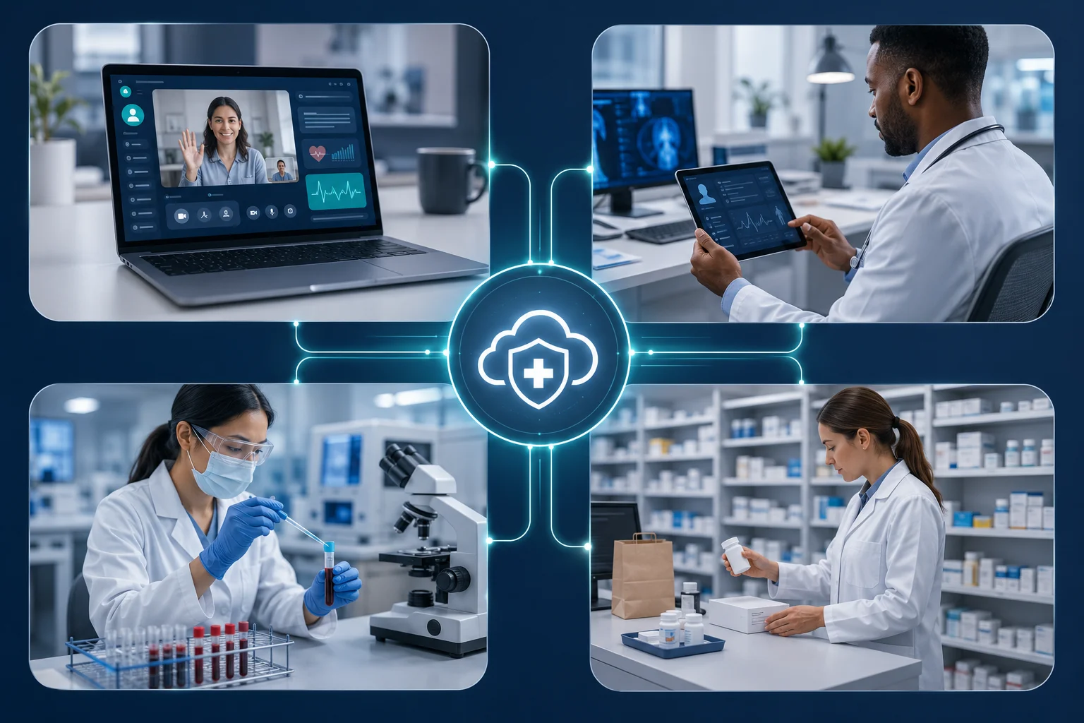 Telehealth care structure showing platform, licensed clinician, laboratory and pharmacy roles