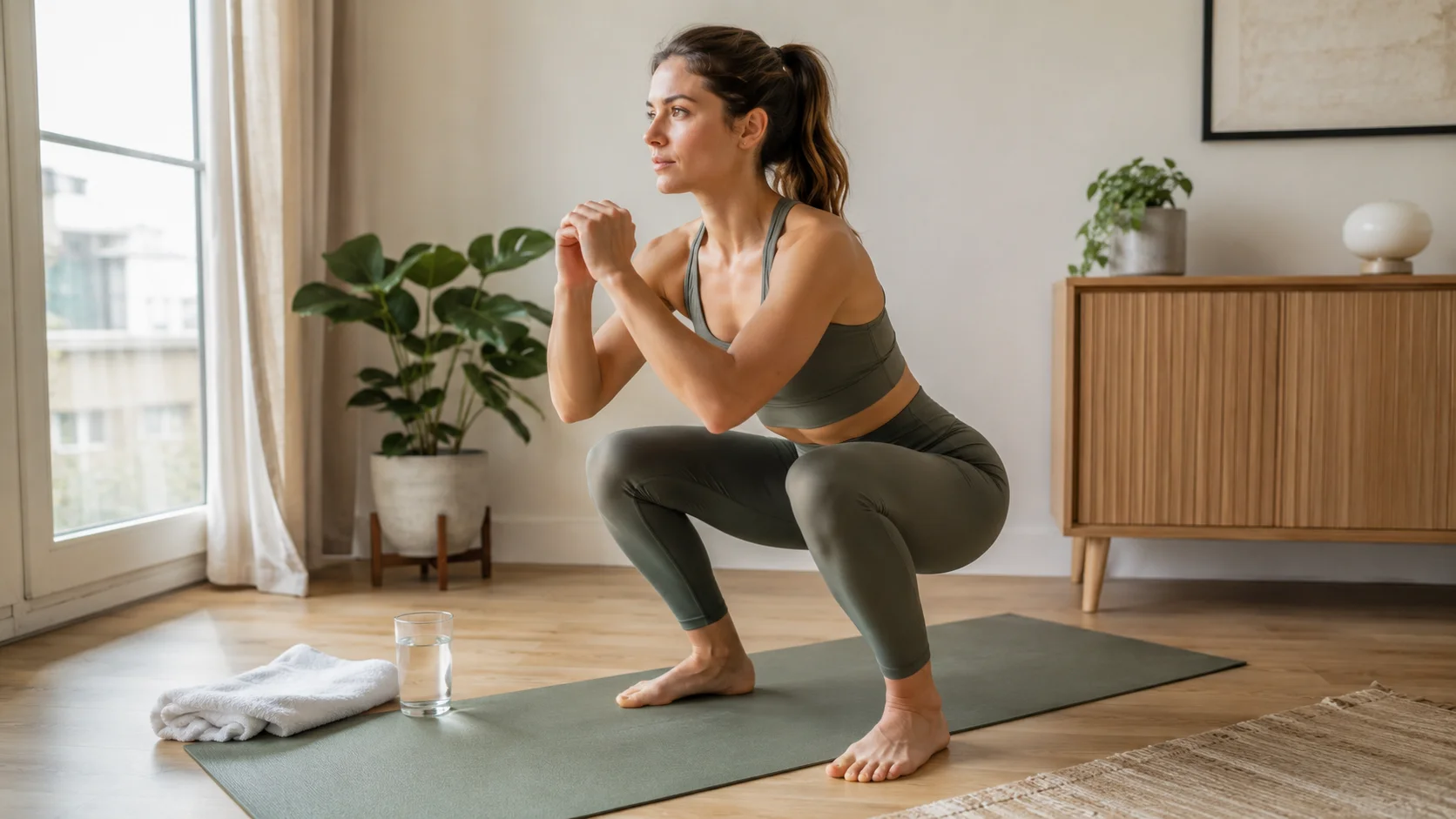 Woman doing a low-impact home leg workout for lean legs without bulking
