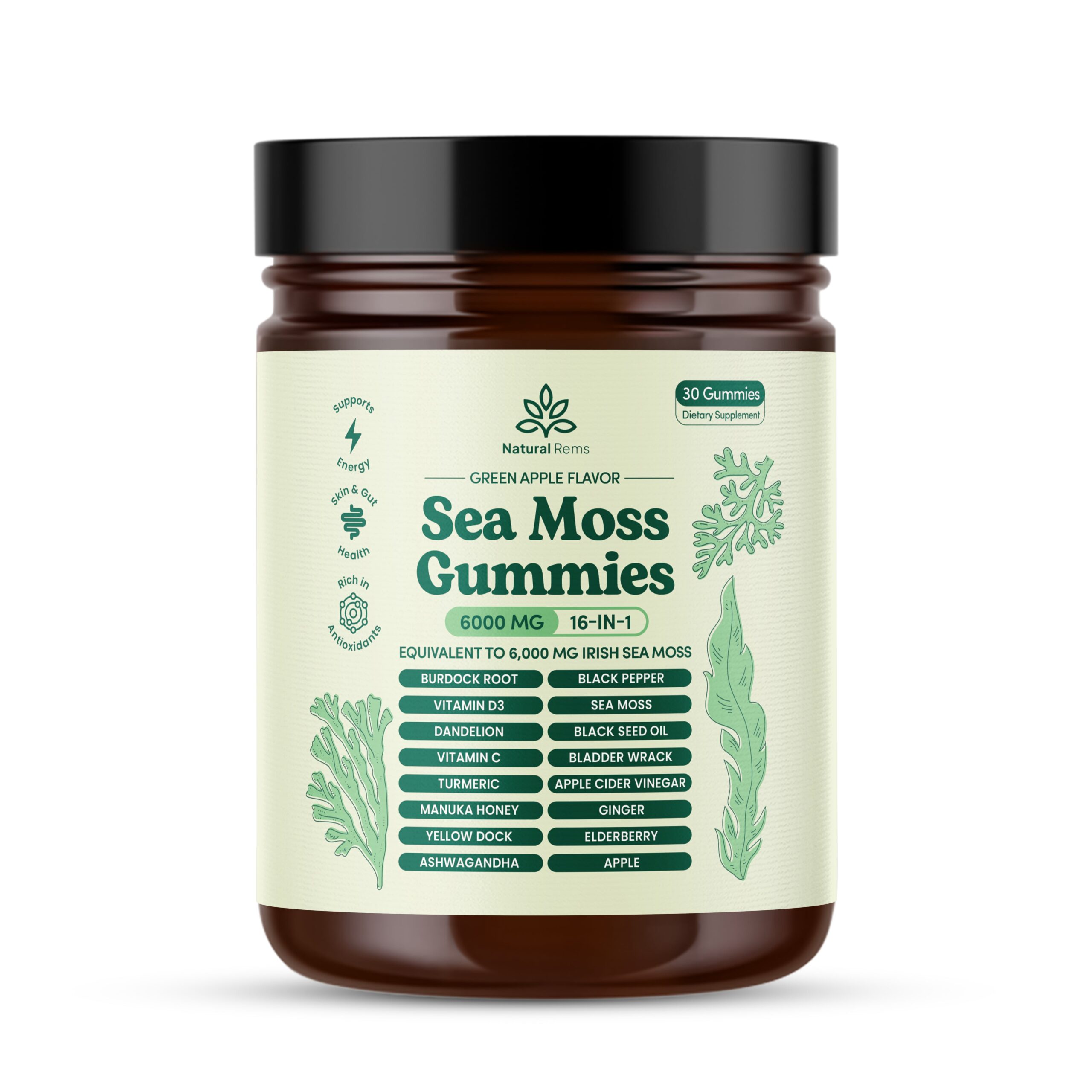 Natural Rems 16-in-1 Sea Moss Gummies Green Apple Flavor jar